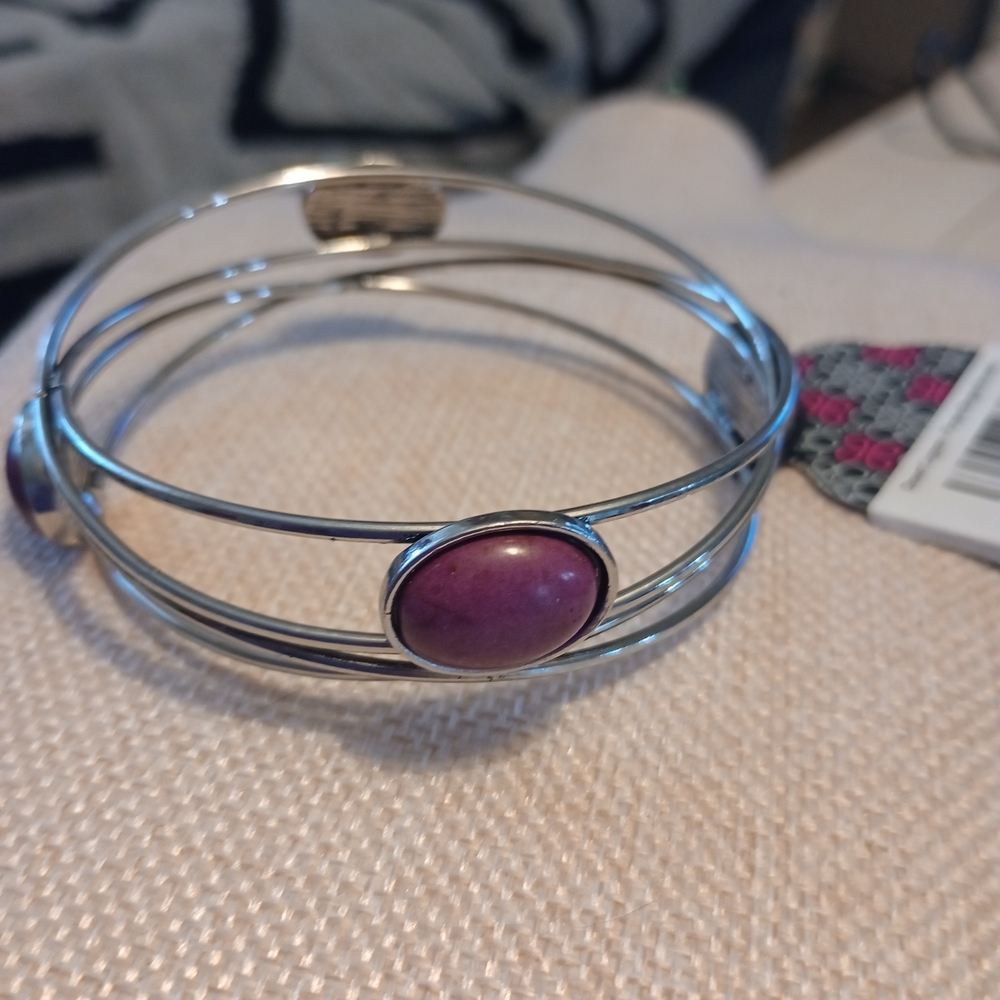 paparazzi Silver Triple-Wire Bangle with Purple Cabochon